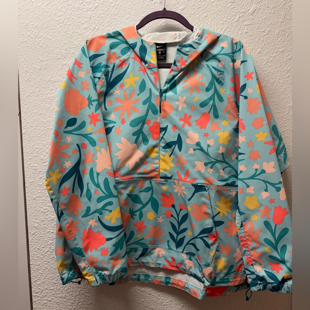 Nike Floral Hooded Windbreaker/Rain Jacket - Aqua with Coral & Yellow Flowers
